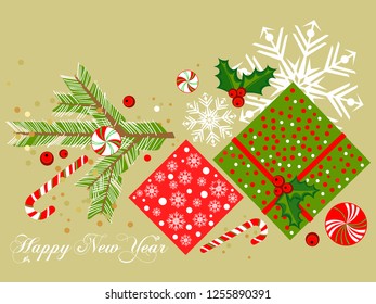 New Year card. Gifts under the tree. Gift boxes. Sweets. Christmas decorations.