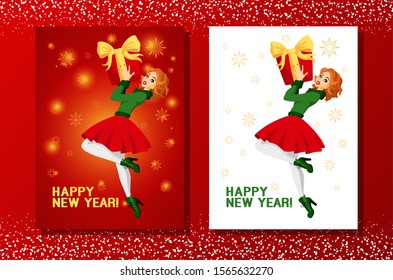 New Year card girl, gift and snowflakes. Vector illustration, christmas card, poster. New Year gifts