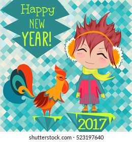 New year card with a girl on abstract winter background with red rooster, template Chinese new year 2017 - Rooster Year. Sign on the Christmas tree Happy New Year 2017 - Vector illustration