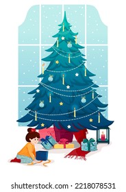 New Year card. A girl opens a Christmas present sitting under the tree. Vector colorful illustration for the holiday.