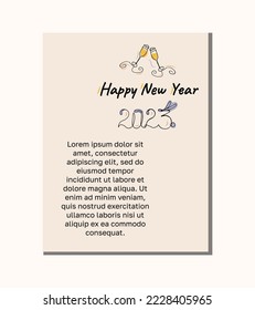 New year card with glasses of champagne and text 2023. Lineart Vector illustration. For Greeting cards elements print cover web frame post social media wall picture