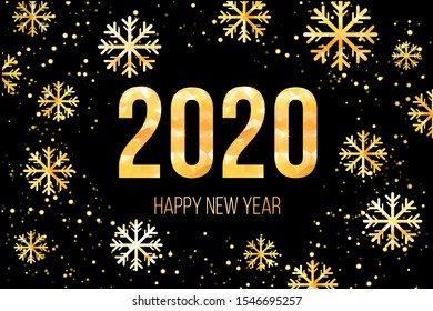 New Year card with golden 2020 numbers. Vector illustration. Elegant winter holiday invitations with black and golden geometric frame. Happy new year banner with 2020 numbers.