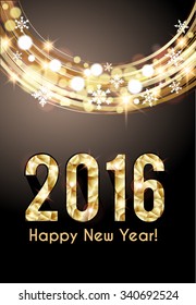 New Year card, golden lights and snowflakes background