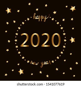 New Year card, golden stars, the inscription happy new year 2020 on a dark background. Vector illustration. Holiday concept. Greeting card, brochure, banner, congratulation.