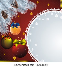 new year card with gray frame, white fir and colorful christmas decorations