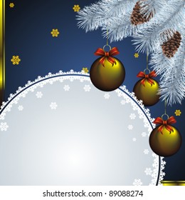 new year card with gray frame, white fir and golden christmas decorations