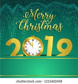 new year card, green background, gold 2019