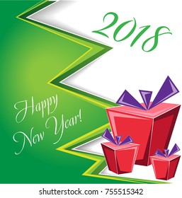 New Year card. Green Christmas tree. Red gifts