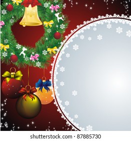 new year card with green fir wreath, snow frame and christmas decorations