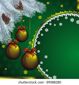 new year card with green frame, white fir and golden christmas decorations