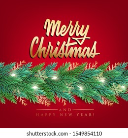 New Year card with a green garland of Christmas tree branches with decorations and lettering