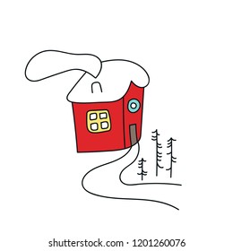 New Year card with hand drawn winter house. Vector illustration.