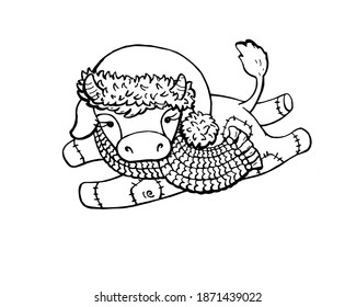 New Year card. Hand drawn vector illustration of bull superhero. Isolated objects on a white background. Coloring. Baby print concept.
