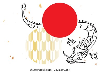 New Year card with hand-drawn dragon,Japanese pattern and red circle.