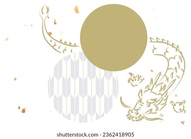 New Year card with hand-drawn dragon,Japanese pattern and gold circle.