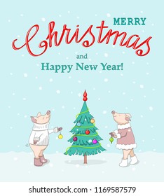 New year card with handwritten text Merry Christmas, decorating fir tree cute cartoon piglets, symbol year 2019 according to Chinese astrology on the winter background. eps 10
