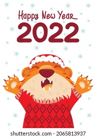 new year card of happy chinese new year of the tiger 2022. a tiger in a New Year's hat, raised its paws up, threw its head back and screams. flat cartoon style
