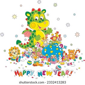 New Year card with a happy little dragon and winter holiday gifts, sweets and funny toys, vector cartoon illustration isolated on a white background