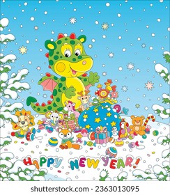 New Year card with a happy little dragon and winter holiday gifts, sweets and funny toys, vector cartoon illustration