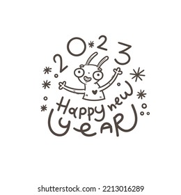 New Year card with hare. Chinese calendar symbol. Vector holiday poster. Funny animal. Cheerful rabbiti. Funny hare print. Anthropomorphic character for desing.