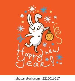 New Year card with hare. Chinese calendar symbol. Vector holiday poster. Funny animal. Cheerful rabbiti. Funny hare print. Anthropomorphic character for desing.