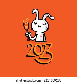 New Year card with hare. Chinese calendar symbol. Vector holiday poster. Funny animal. Cheerful rabbiti. Funny hare print. Anthropomorphic character for desing.