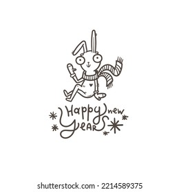 New Year card with hare. Chinese calendar symbol. Vector holiday poster. Funny animal. Cheerful rabbiti. Funny hare print. Anthropomorphic character for desing.