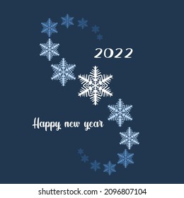 New Year card with hexagonal snowflakes. Happy new year 2022. Symmetrical composition of snowflakes