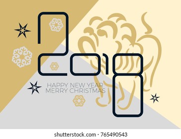 New Year card. Holiday composition on color background with yellow earth dog, snowflake and star. 2018 year of the dog. Chinese New Year greeting card.