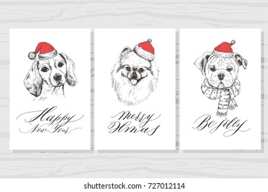 New Year card. Holiday dog and lettering. Beagle. Spitz. English bulldog. 2018