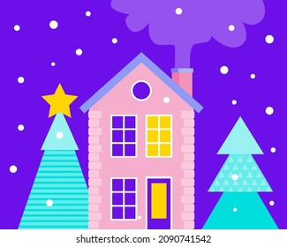 New Year card. House in the winter forest. New Year and Christmas theme. Vector illustration in a flat style