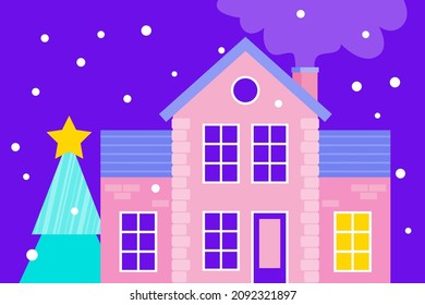 New Year card. House in the winter forest. New Year and Christmas theme. Vector illustration in a flat style