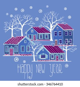 New year card with Houses set with trees vector seamless pattern.