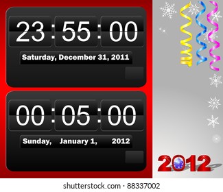 New year card with icons of an electronic clocks and 2012 written in red letters. Vector 8EPS.