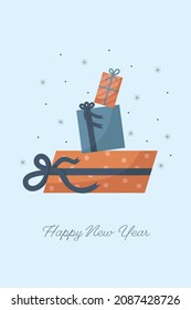 New year card with illustration and inscription. Gifts in boxes. Pastel colors.