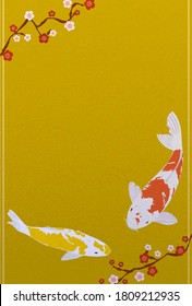 New year card illustration of red and yellow Nishikigoi  -Translation: Happy New Year, thank you for last year. Nice to meet you again this year.