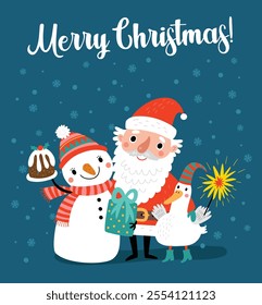 New Year card illustration with Santa, snowman and goose