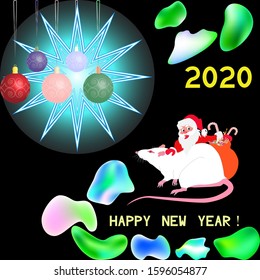 
New Year card. The inscription in English - 2020 Happy new year. Vector illustration. Santa Claus, white rat, Christmas balls, shining star, green pebbles, black background.
