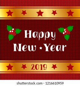 New Year card with inscription Merry Christmas on a red knitted background. Vector illustration