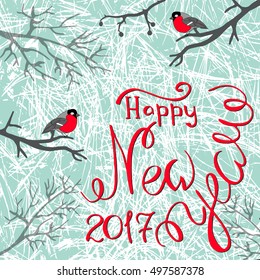 New Year card or invitation design with bullfinches, branches and hand lettering, vector illustration