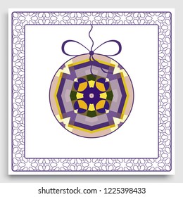 New Year Card or Invitation template with colorful Christmas ball and line frame border pattern.  Abstract mandala decor, ornamental card,  geometric decorative background.
