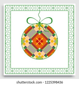 New Year Card or Invitation template with colorful Christmas ball and line frame border pattern.  Abstract mandala decor, ornamental card,  geometric decorative background.