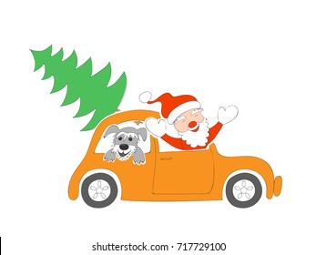 New year card with isolated funny cartoon santa claus, happy schnauzer puppy and christmas fir tree in the retro auto  on the white background. eps 10