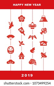 New Year card with Japanese good luck elements for year 2019, pine leaf, bamboo leaf, plum flower, red snapper, crane, spinning top, hand fan, tumbling doll, Mt.Fuji and kite