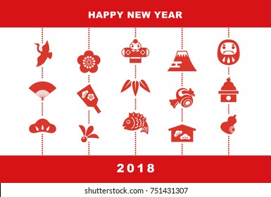 New Year card with Japanese good luck elements, pine leaf, bamboo leaf, plum flower, red snapper, crane, spinning top, hand fan, tumbling doll, Mt.Fuji and kite