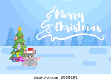 New Year card with landscape and text. little mouse looks at gifts in front of a Christmas tree