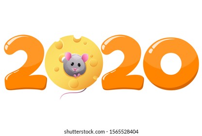New Year card with a little mouse symbol of year. Vector illustration.