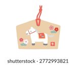 New Year card material: Cute Ema (votive tablet) illustration with a horse and traditional patterns