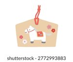 New Year card material: Cute Ema (votive tablet) illustration with a horse and traditional patterns