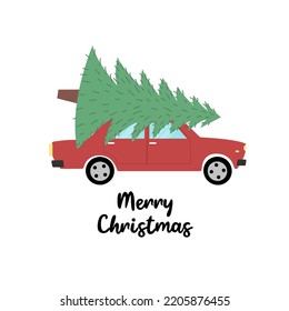 New Year card. Merry christmas. New Year's poster. The red car is carrying the Christmas tree.